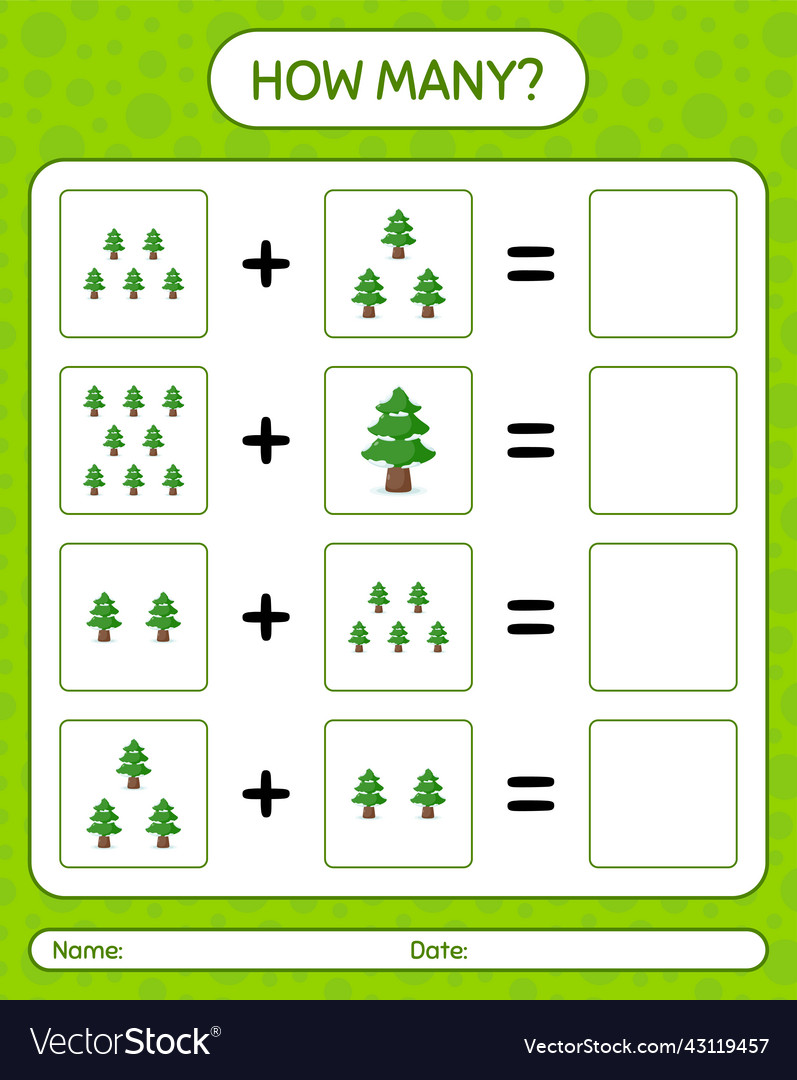 How many counting game with pine tree worksheet vector image How many counting game with pine tree worksheet