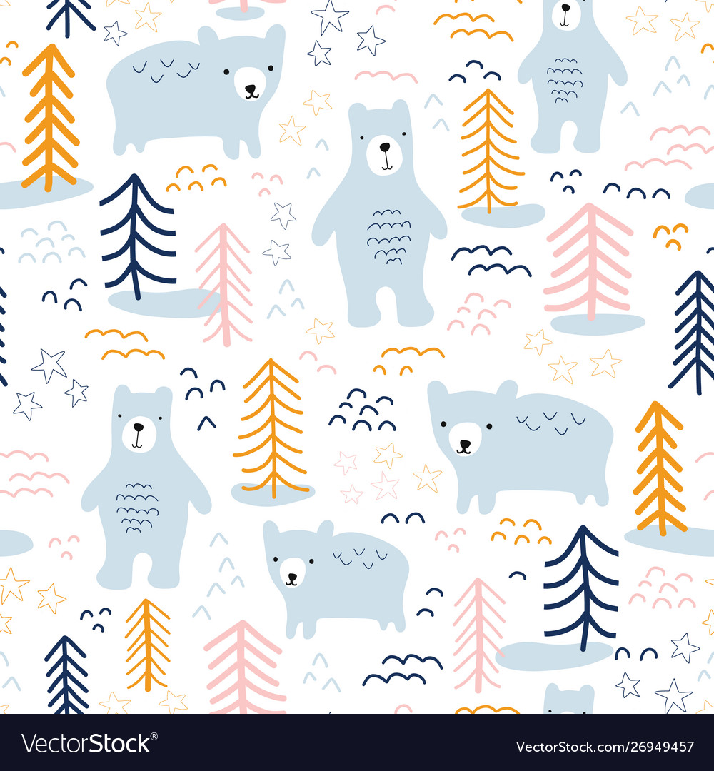 Seamless pattern bears in forest hand drawn vector image Seamless pattern bears in forest hand drawn