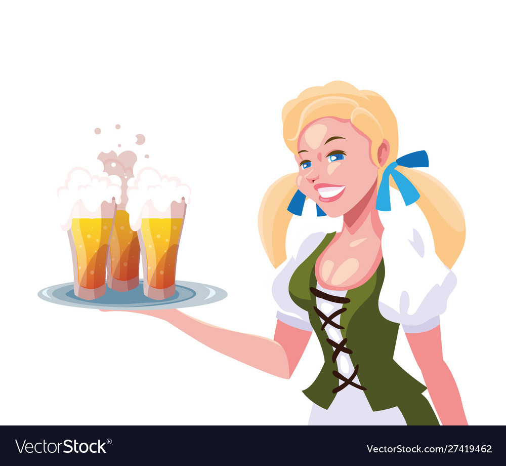 Beautiful woman blonde with beer glasses in hand