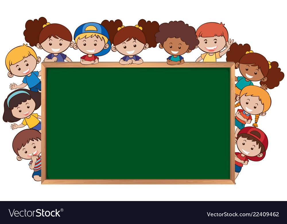 Children next to chalkboard template Royalty Free Vector