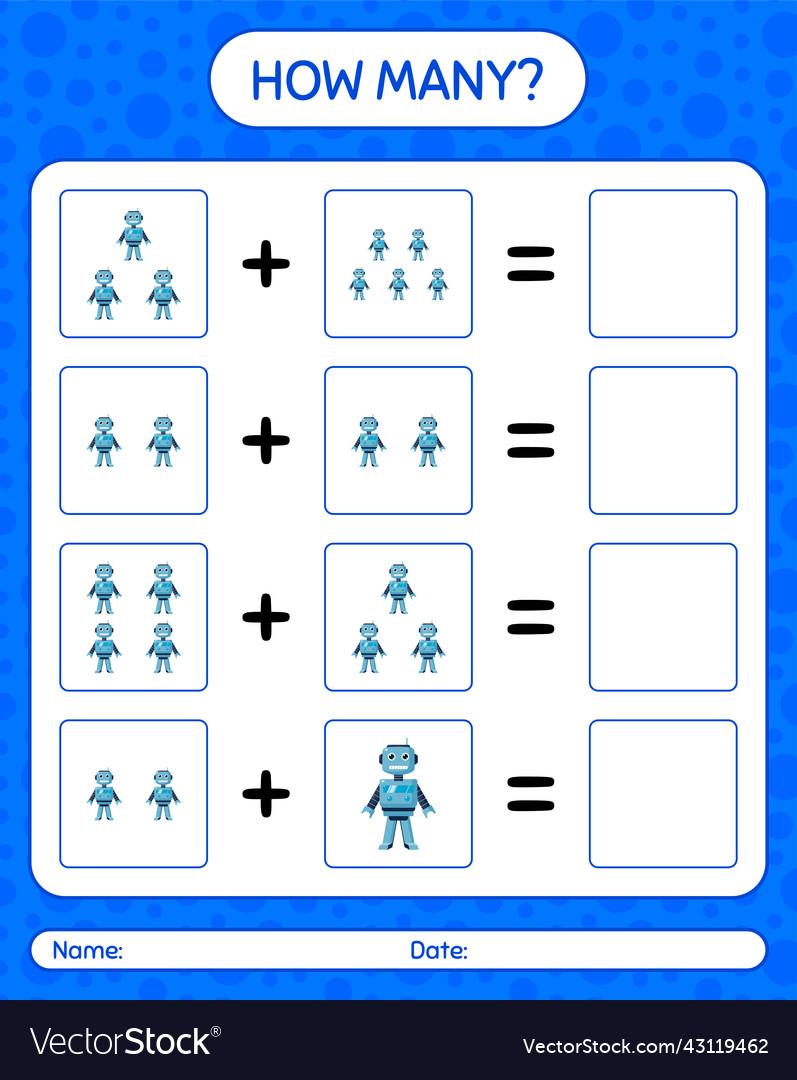 How many counting game with robot toy worksheet vector image How many counting game with robot toy worksheet