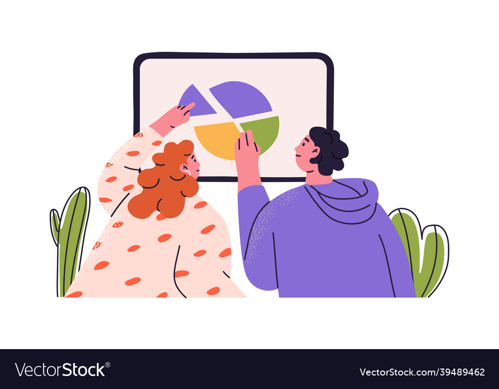 People analyzing data of abstract pie chart