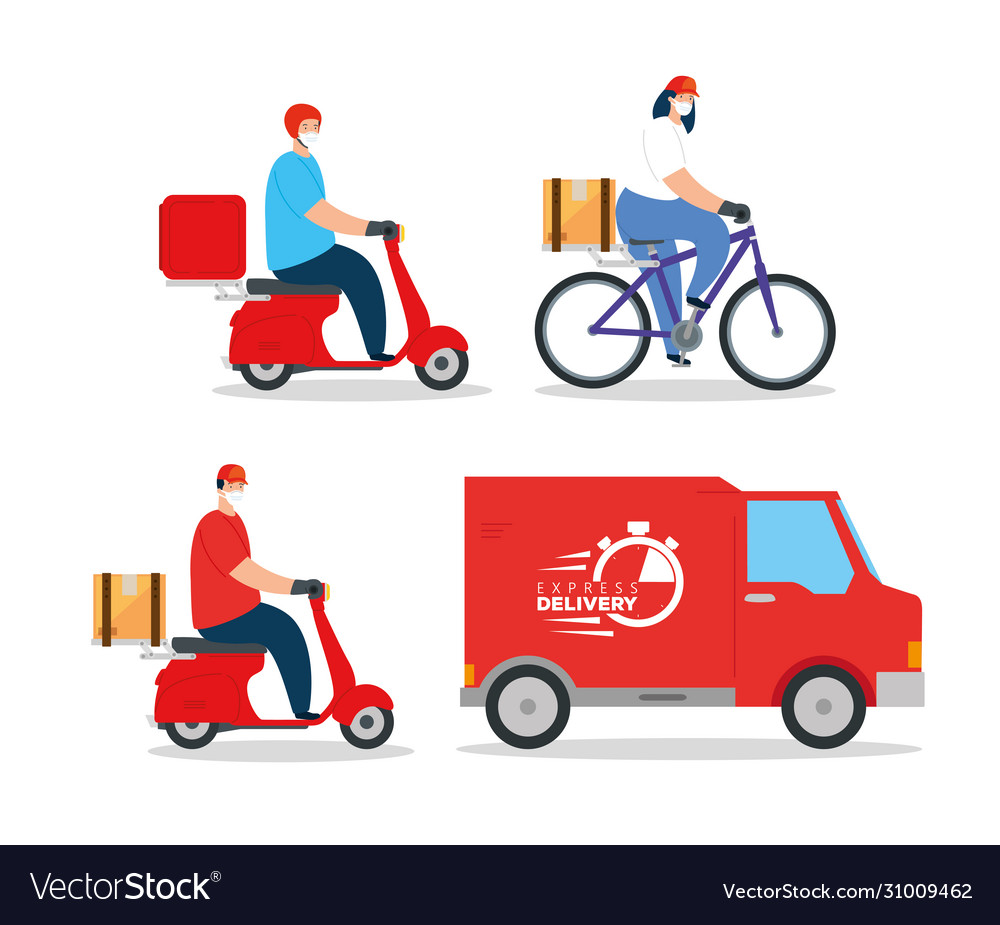 Set scenes delivery workers using face mask vector image Set scenes delivery workers using face mask