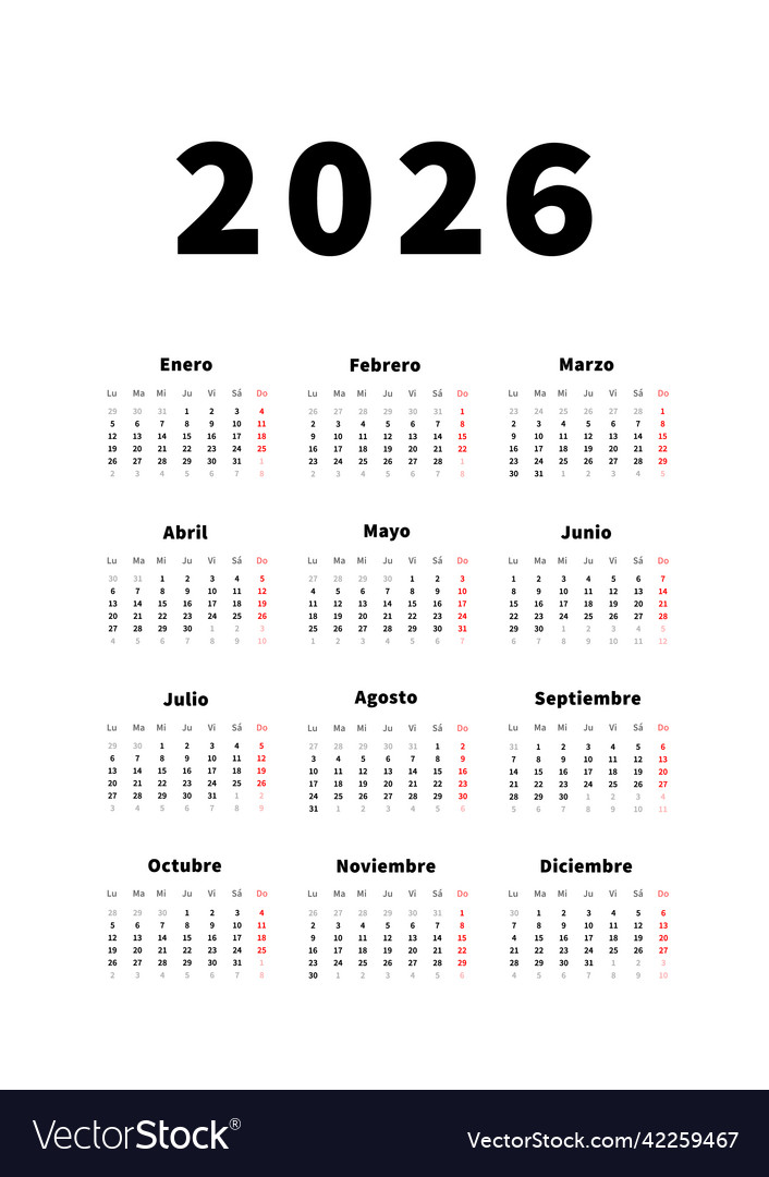 2026 year simple vertical calendar in spanish Vector Image