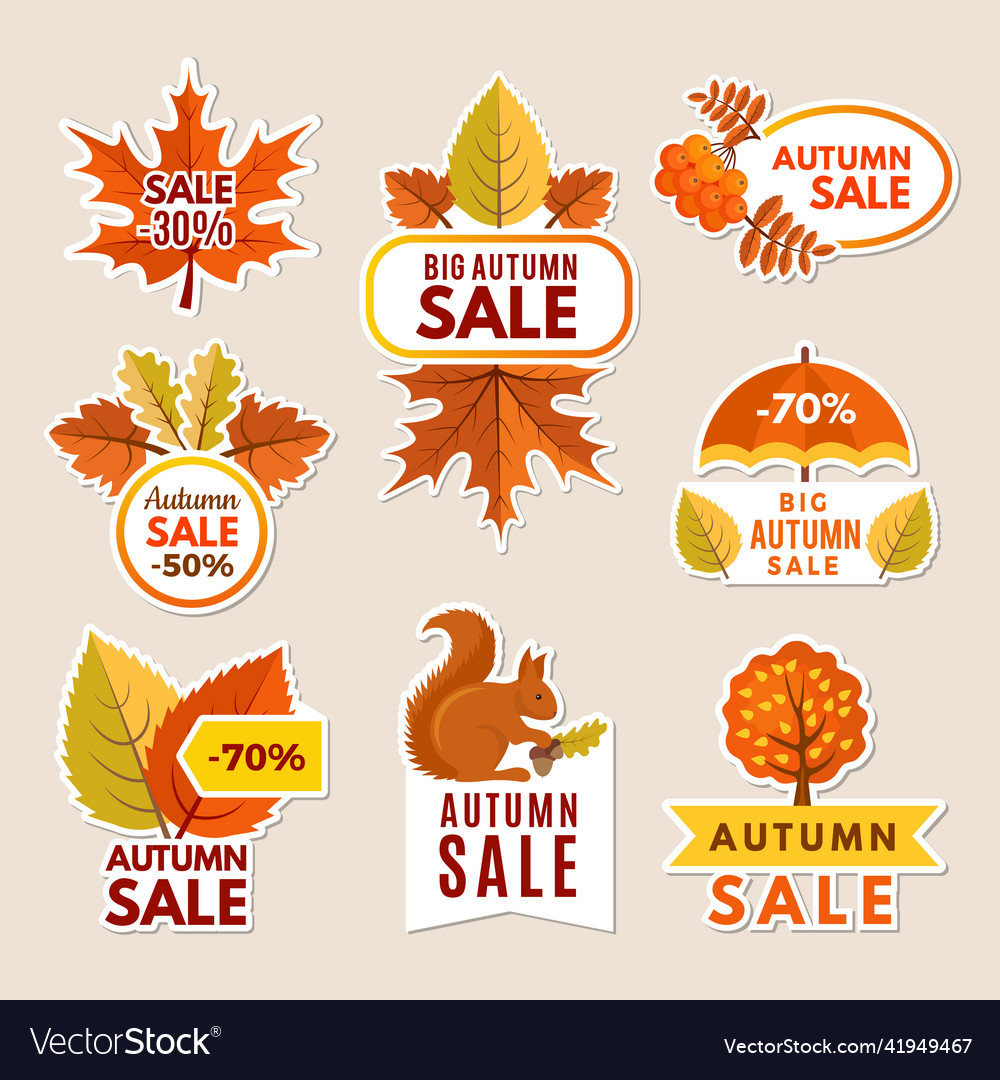 Autumn labels at sales banners with leaves