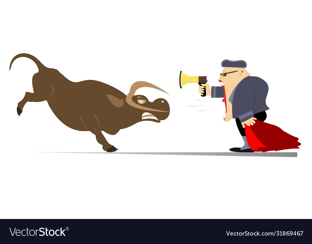 Cartoon Bullfighter schreit auf wütenden Bullen vector image Cartoon Bullfighter schreit auf wütenden Bullen