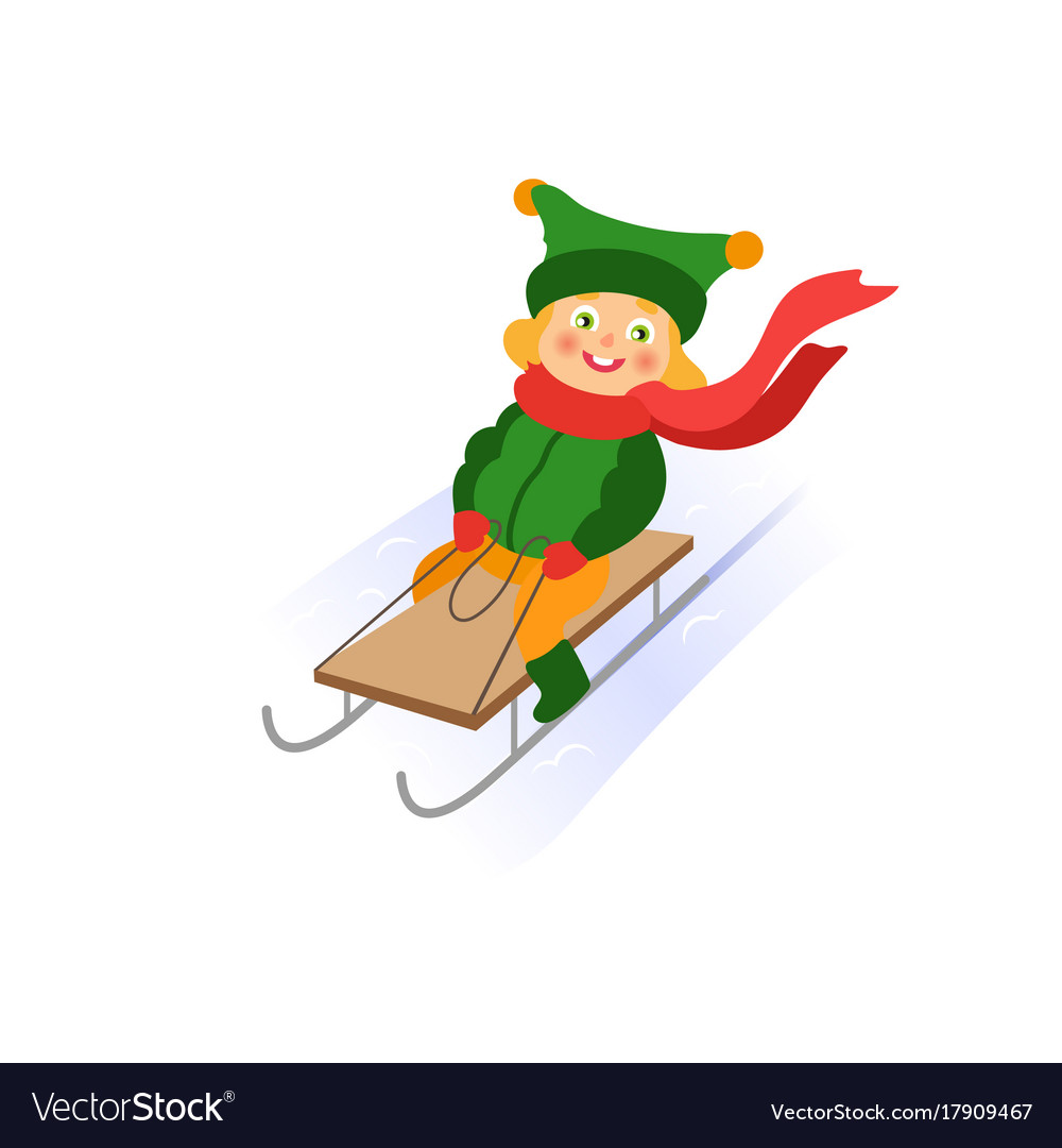 Girl ride a sledge flat isolated Royalty Free Vector Image