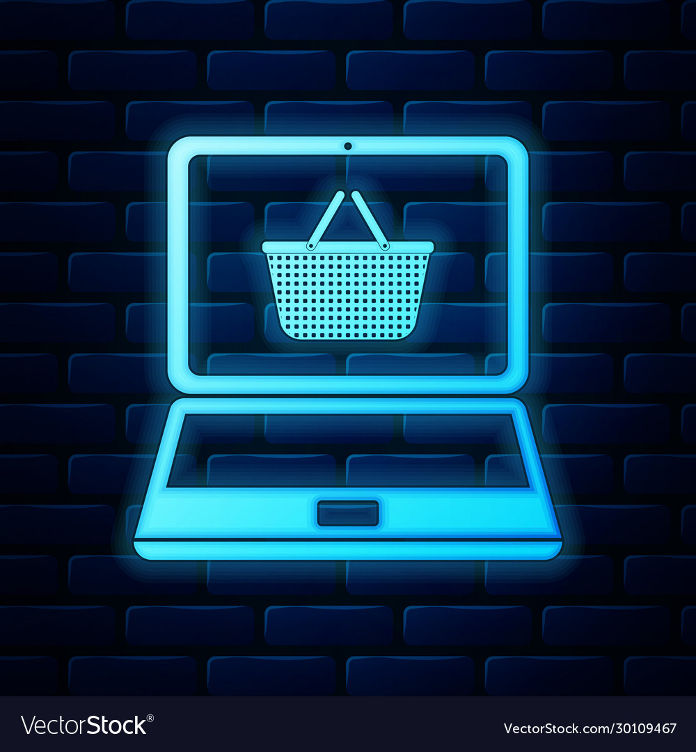 Glowing neon shopping basket on screen laptop icon