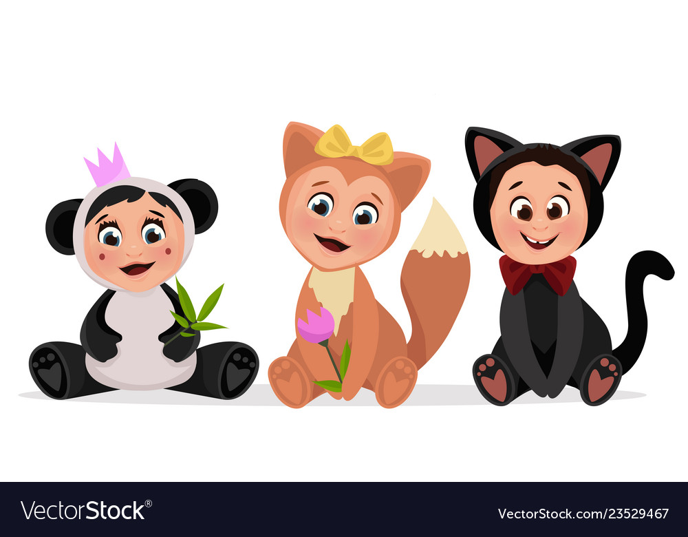 Set og cute child dressed in a fox dress isolated