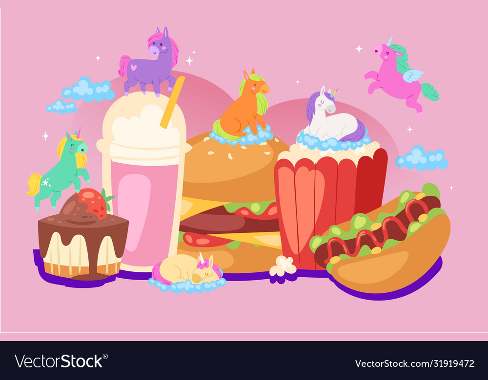 Fabulous unicorns fast food recipe composition vector image Fabulous unicorns fast food recipe composition