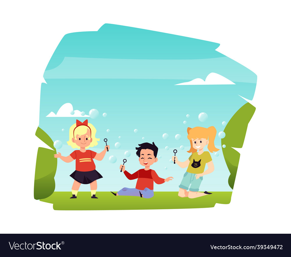 Happy kids fun play with flying soap bubbles