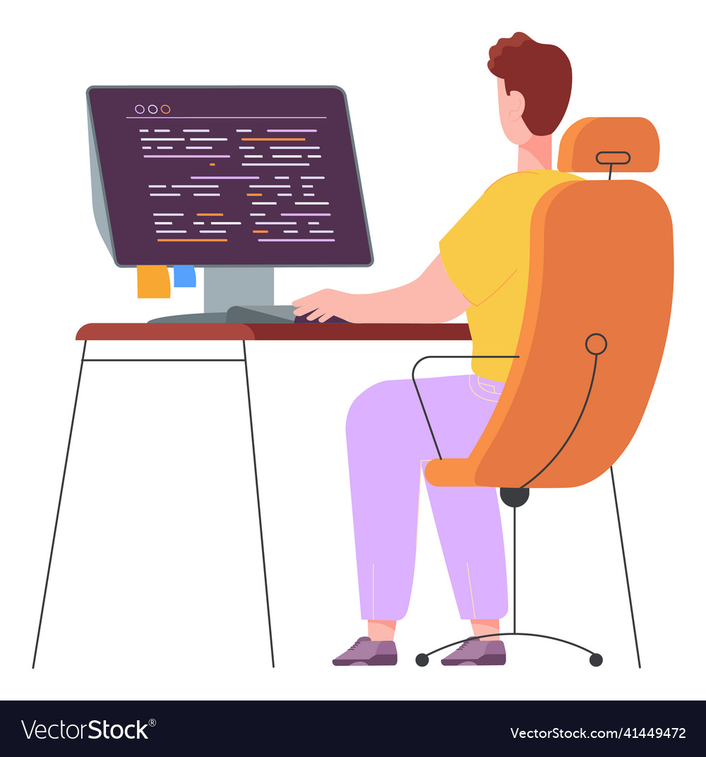 Man working at computer desk programmer in remote vector image Man working at computer desk programmer in remote