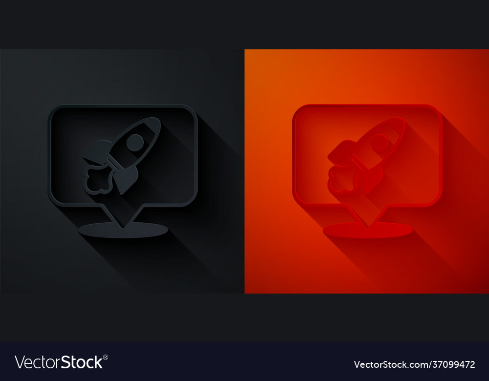 Paper cut rocket ship icon isolated on black