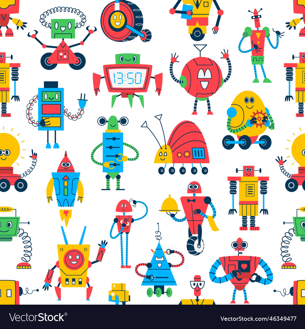 Cartoon robots seamless pattern robotic droids vector image Cartoon robots seamless pattern robotic droids