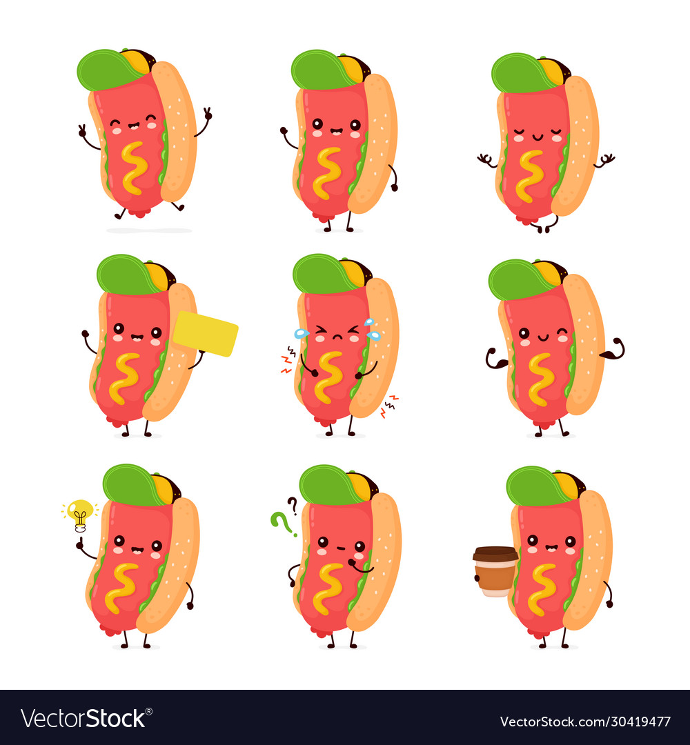 Cute happy smiling hot dog set collection