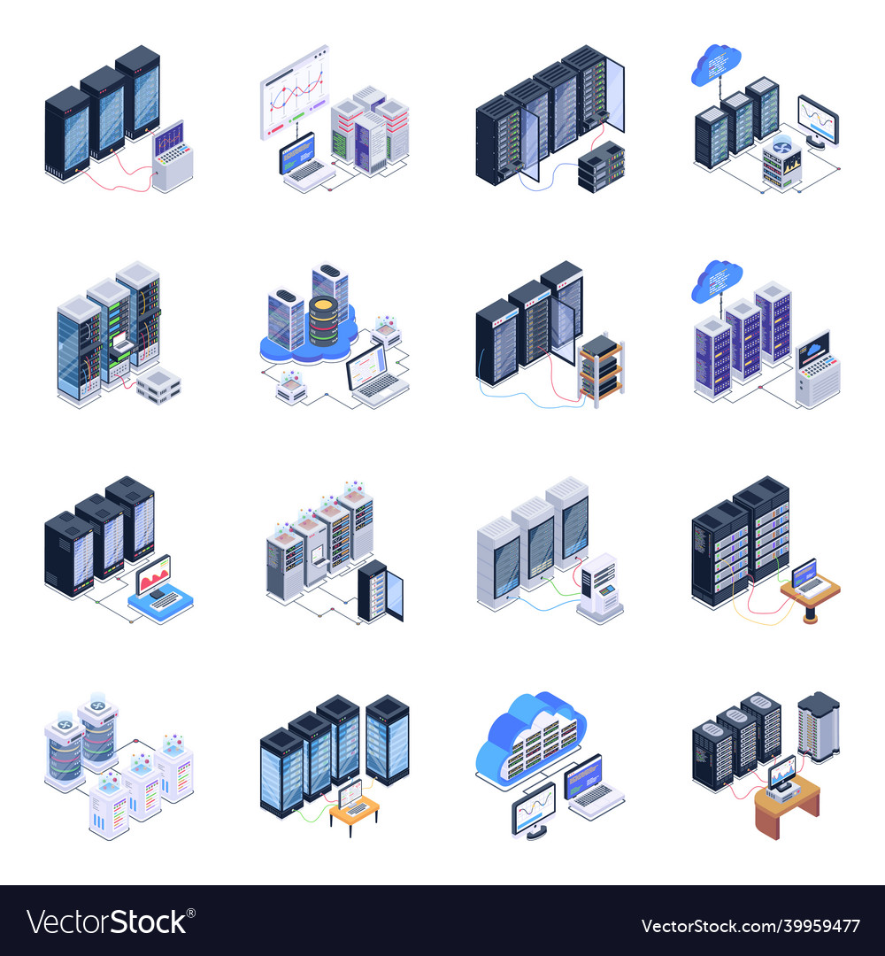 Isometric icons of server racks in modern style de