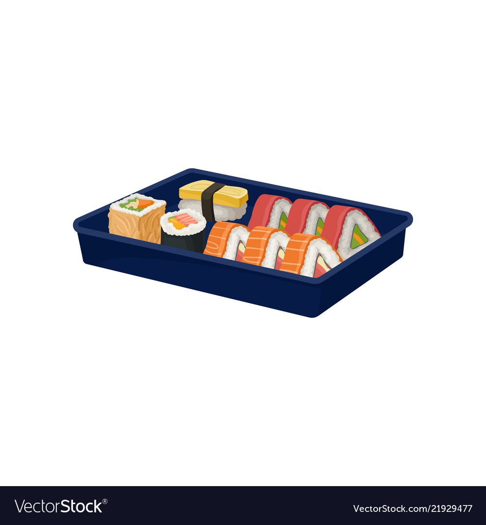 Set of sushi rolls in blue tray traditional asian