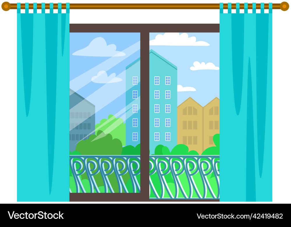 Panoramic large window with curtains interior Vector Image