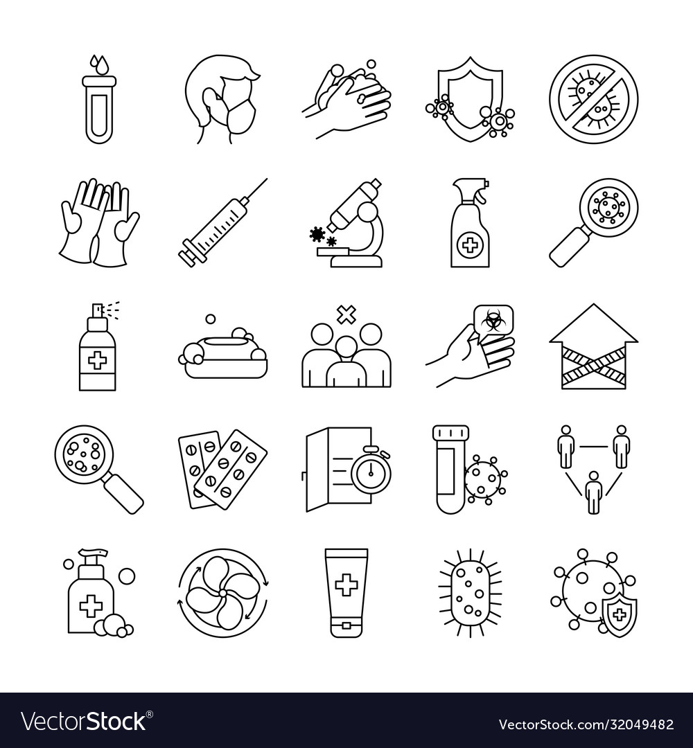 Test tube and coronavirus icon set line style Vector Image