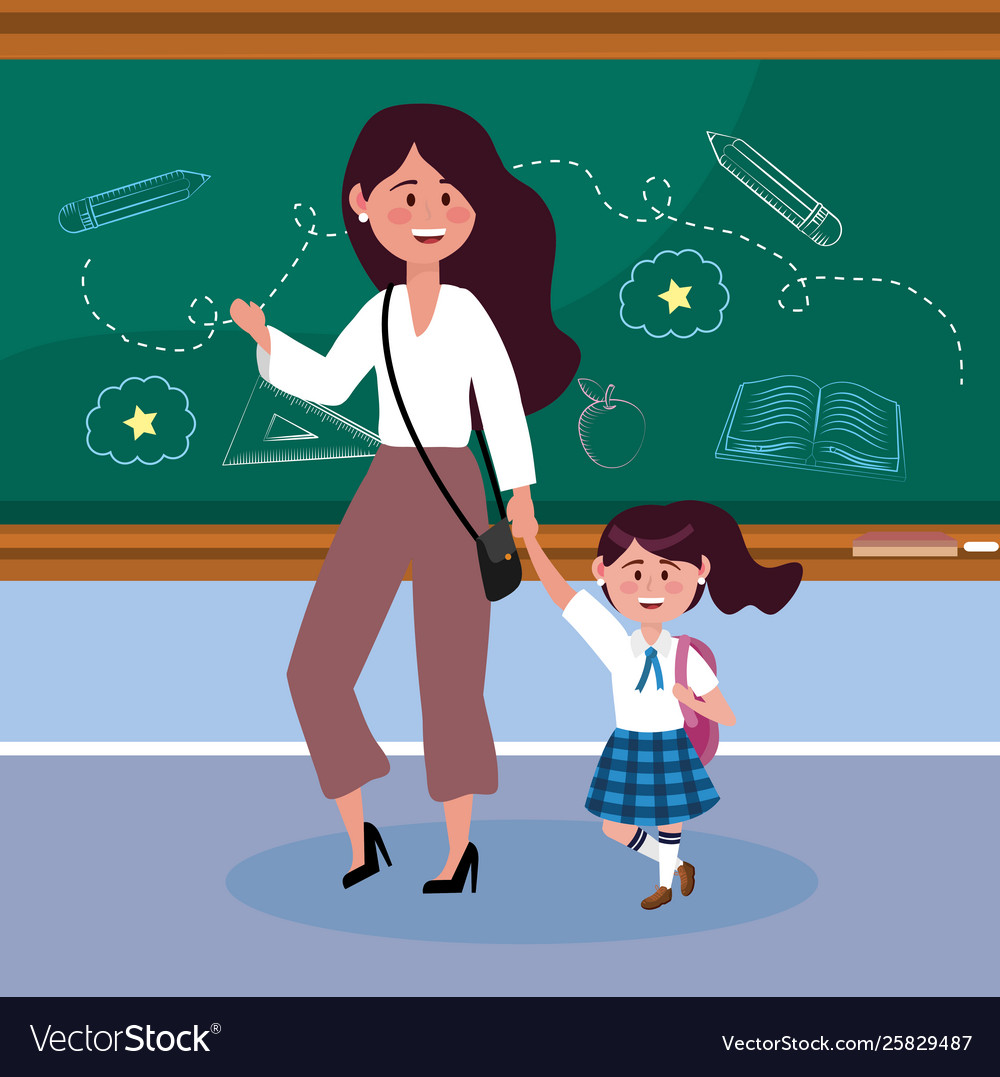 Mother with her girl student blackboard