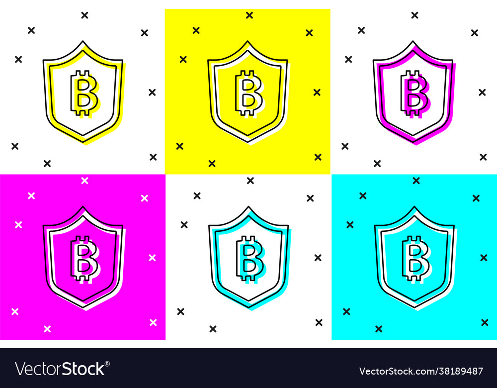 Set shield with bitcoin icon isolated on color vector image Set shield with bitcoin icon isolated on color