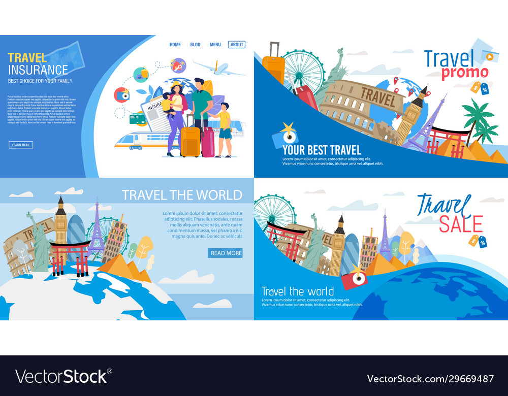 Travel sale insurance promotion landing page set Vector Image