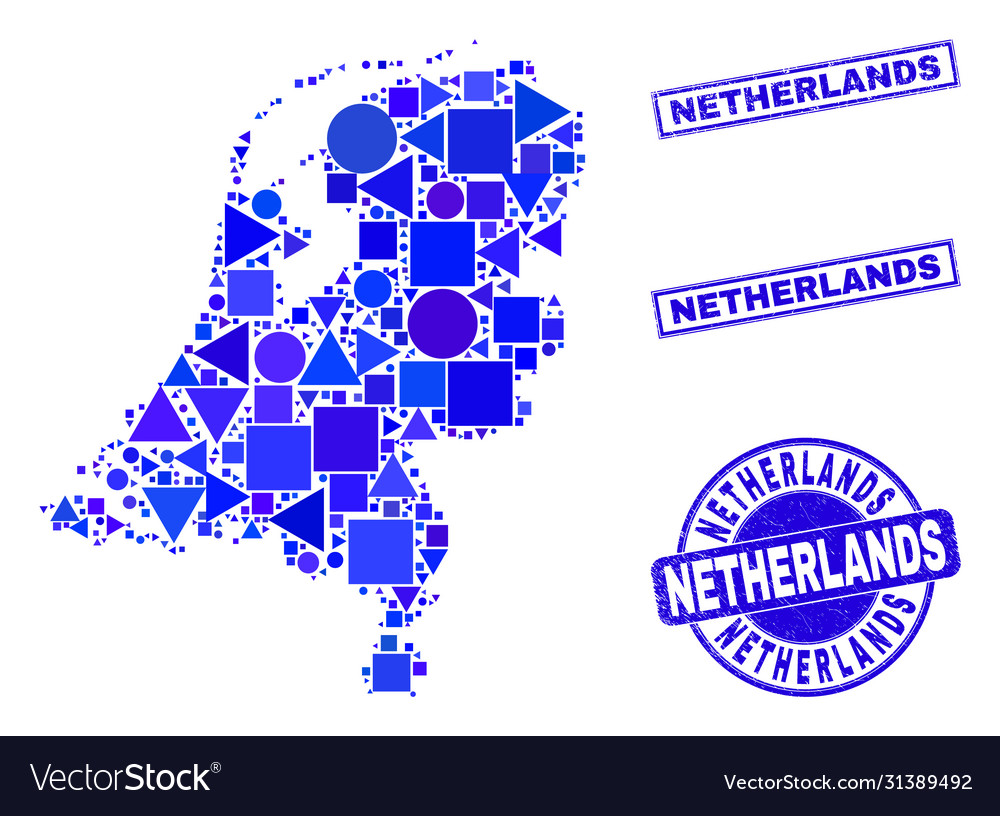 Blaue geometrische Mosaik-Niederlande Karte und Briefmarken