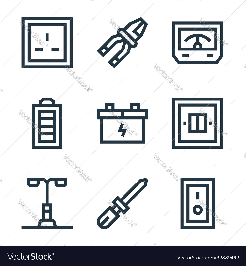 Electrician tools and line icons linear set