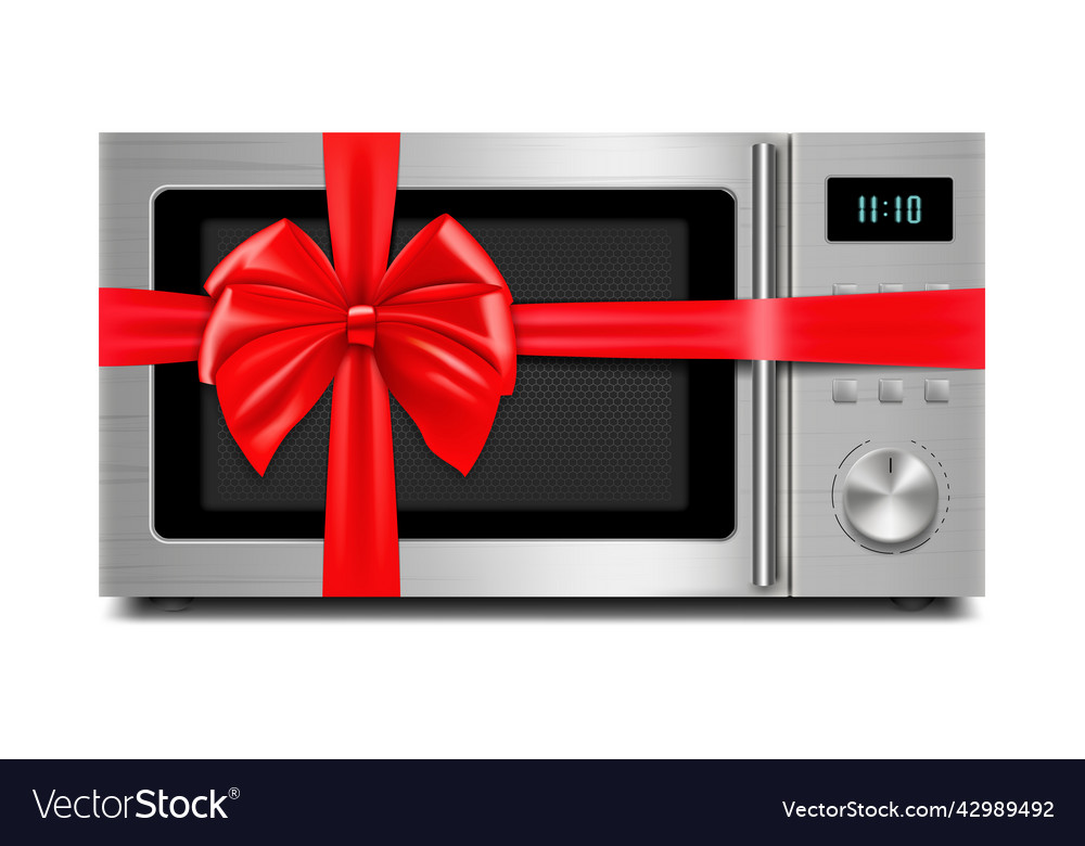 Microwave with red ribbon and bow 3d rendering vector image Microwave with red ribbon and bow 3d rendering