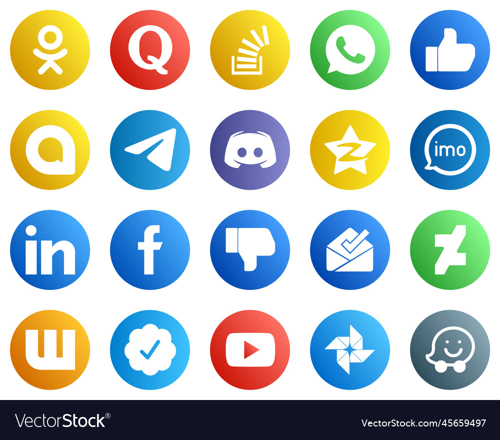 20 unique social media icons such as message like Vector Image