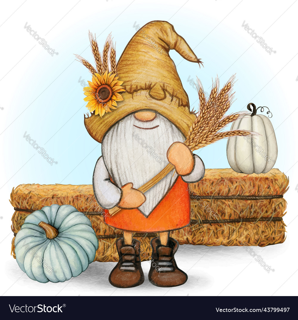 Watercolor Cute Fall Season Gnome Royalty Free Vector Image