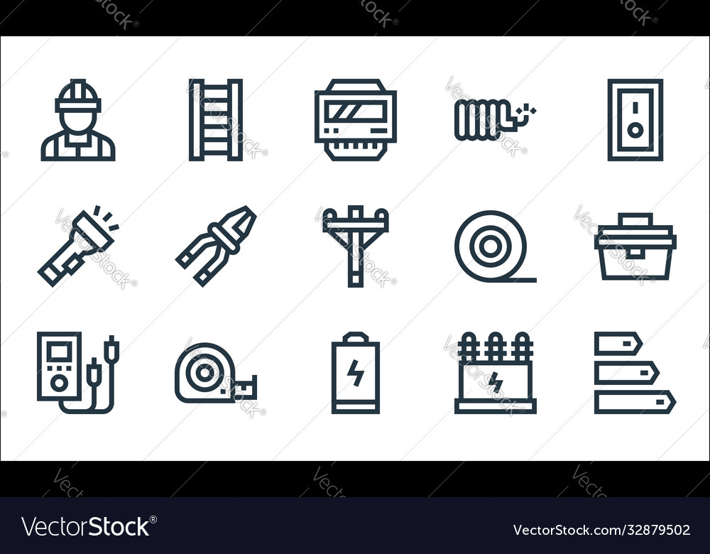 Electrician tools and line icons linear set