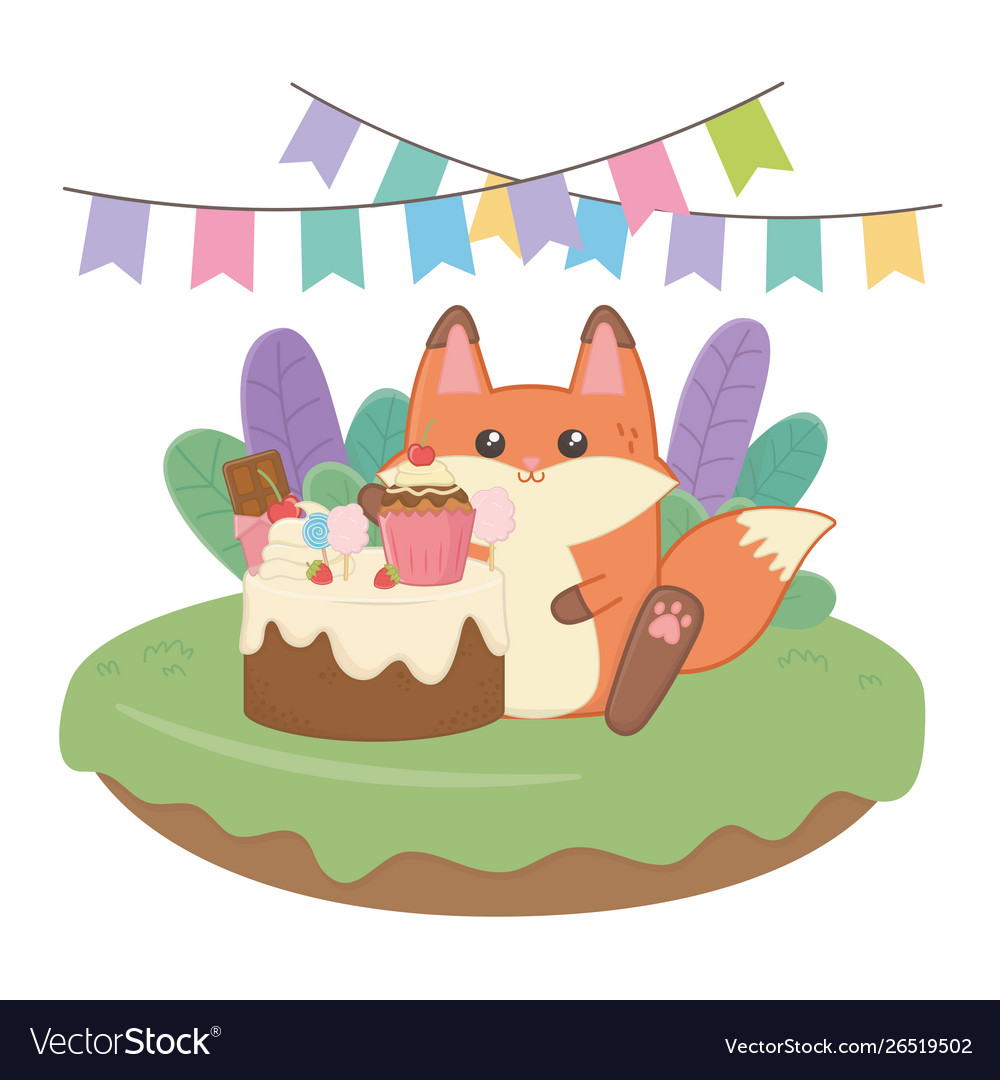 Kawaii fox with happy birthday cake design