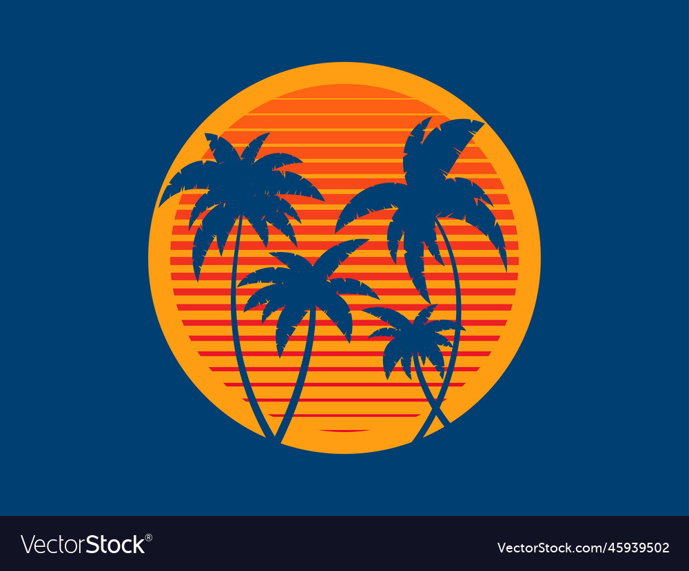 Tropical palm trees at sunset in a futuristic 80s Vector Image