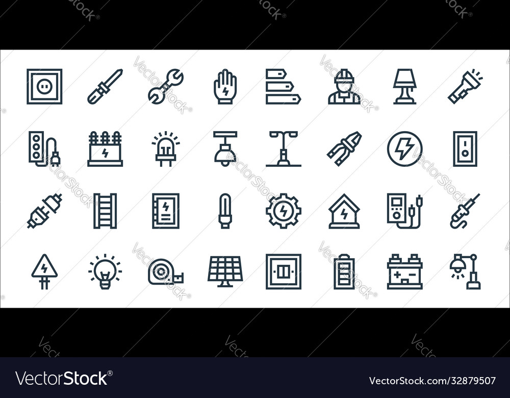Electrician tools and line icons linear set vector image Electrician tools and line icons linear set