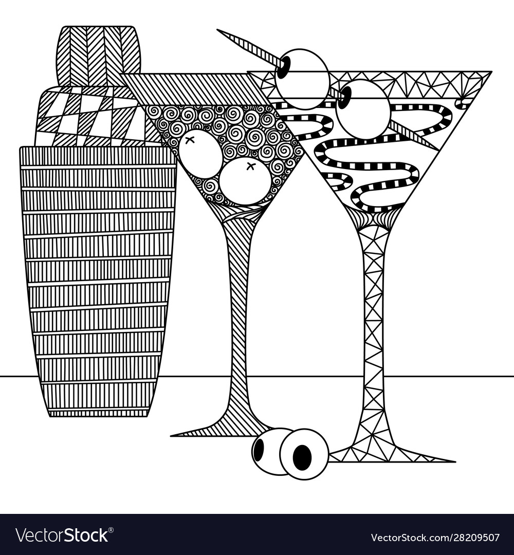 Martini glasses with olives and shaker