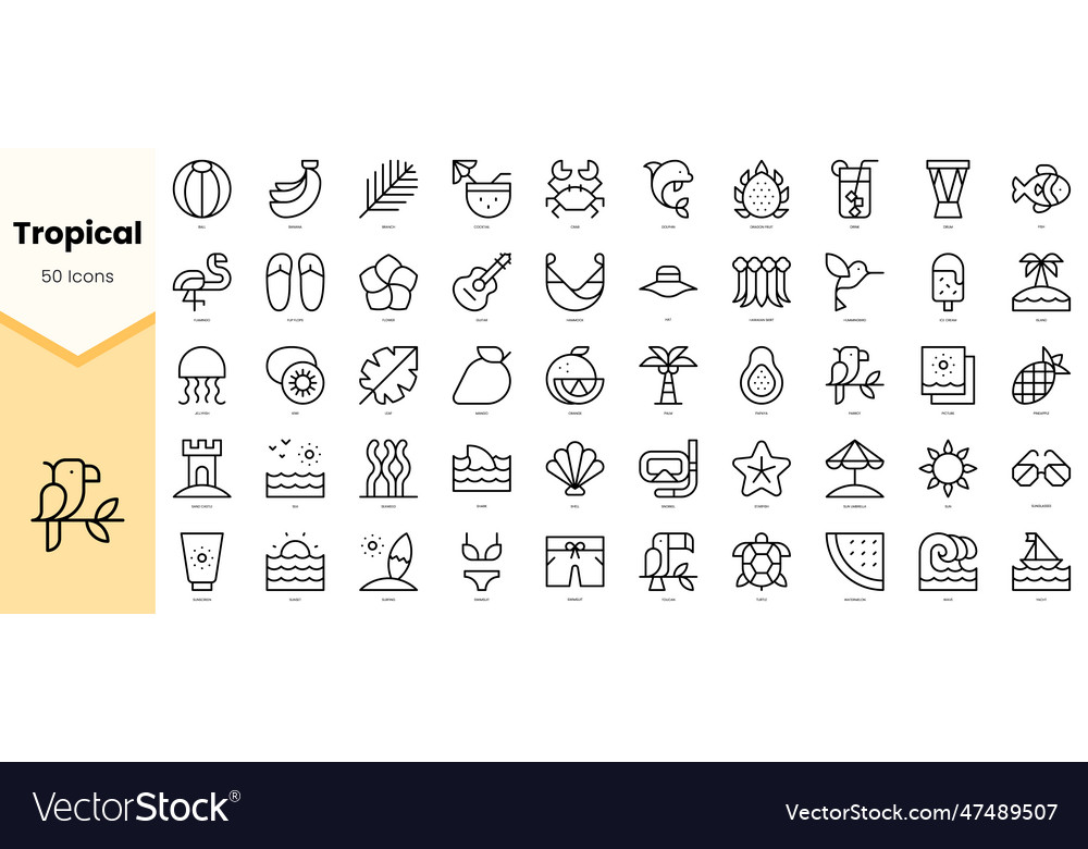 Set of tropical icons simple line art style