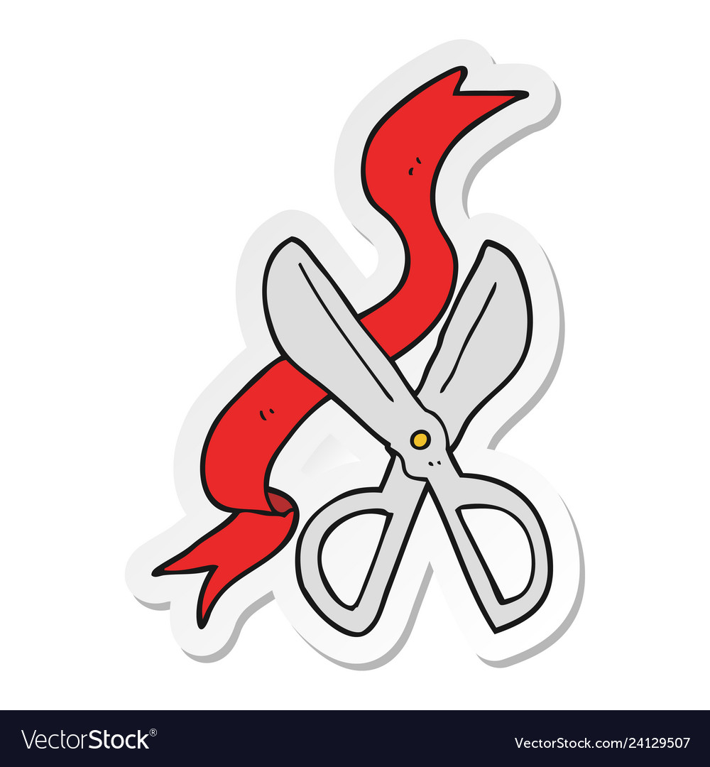 Sticker of a cartoon scissors cutting ribbon Vector Image