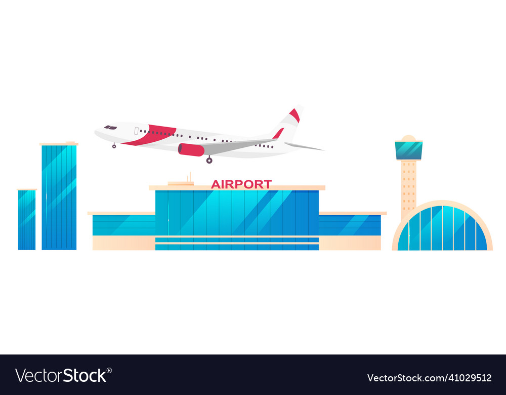 Airport flat color objects set control tower