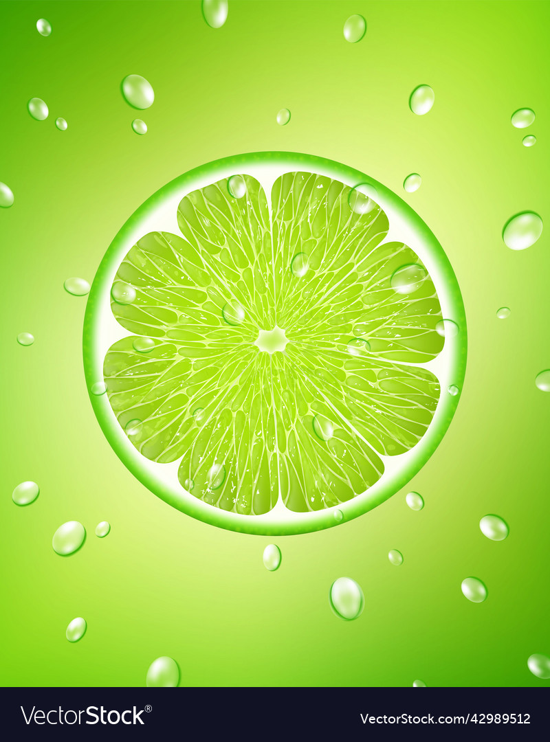 Background of fresh green lime slices and drops