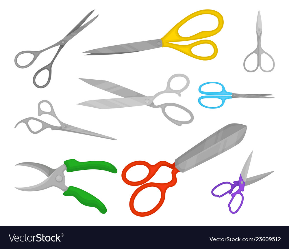 Flat set different types scissors vector image Flat set different types scissors