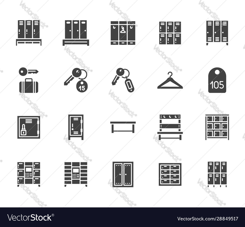 Locker room flat glyph icons set gym school vector image Locker room flat glyph icons set gym school