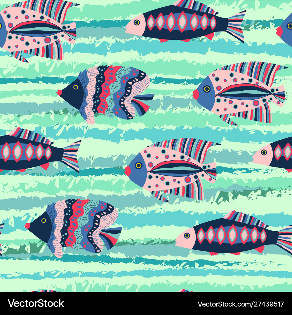 Pattern with decorative fishes on a green Vector Image