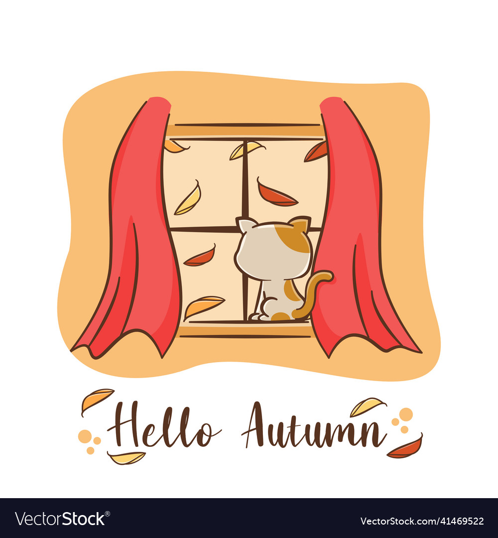 Cat behind the window with hello autumn greeting Vector Image Cat behind the window with hello autumn greeting