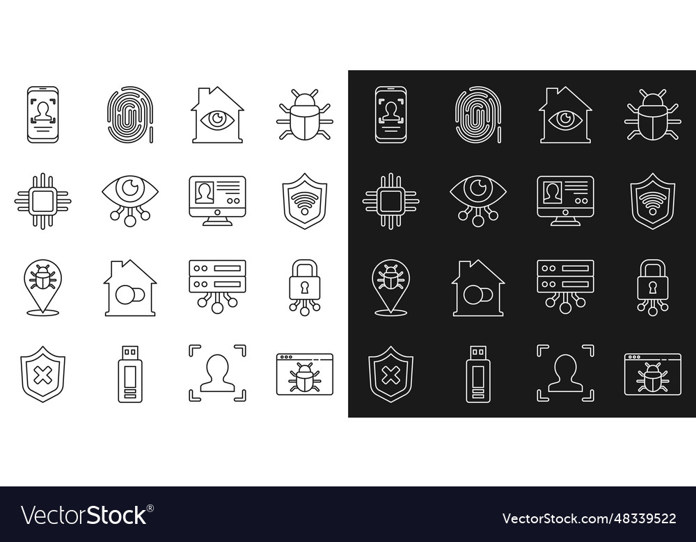 Set line system bug cyber security shield vector image Set line system bug cyber security shield