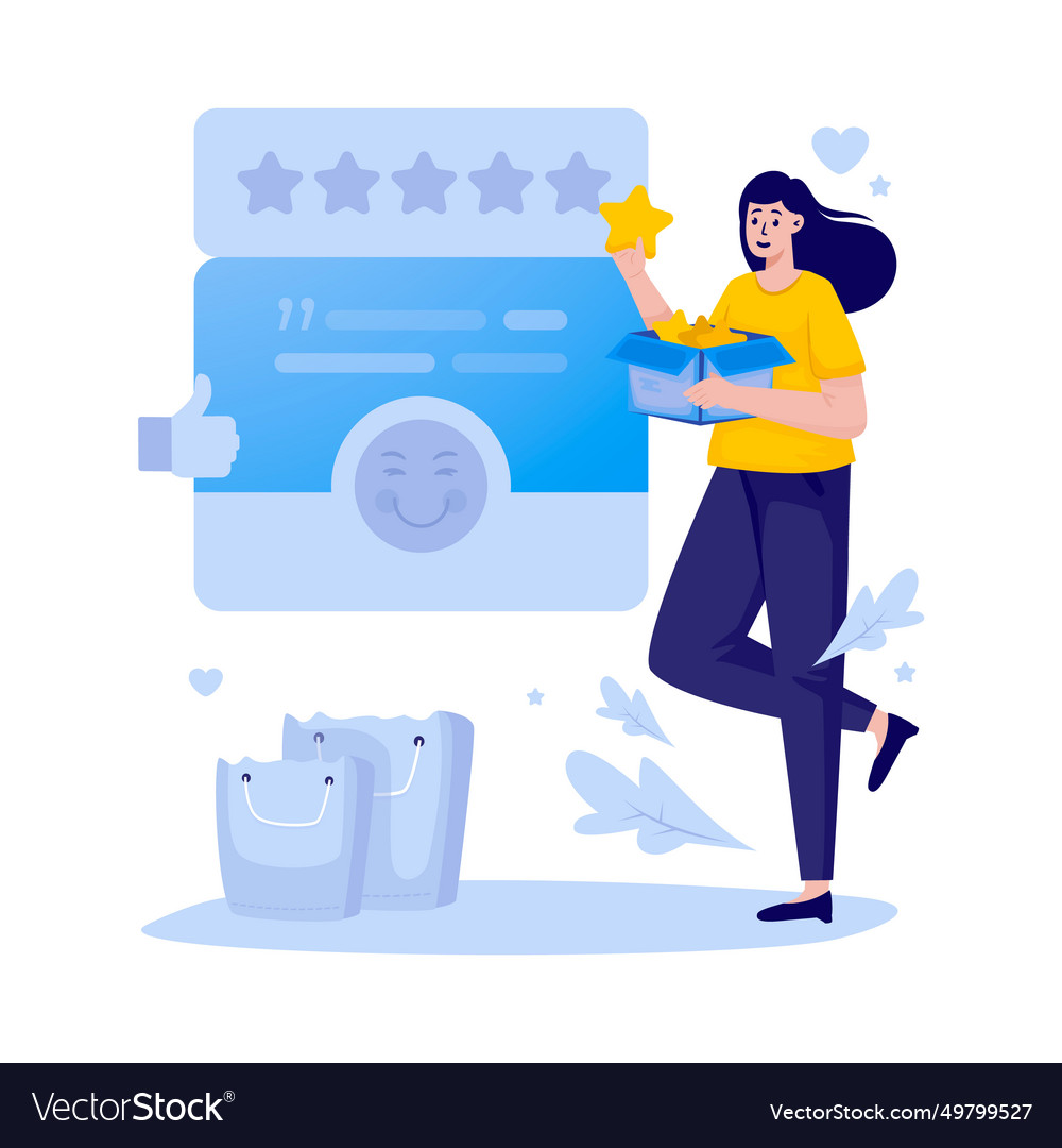 A woman give star rating feedback Royalty Free Vector Image