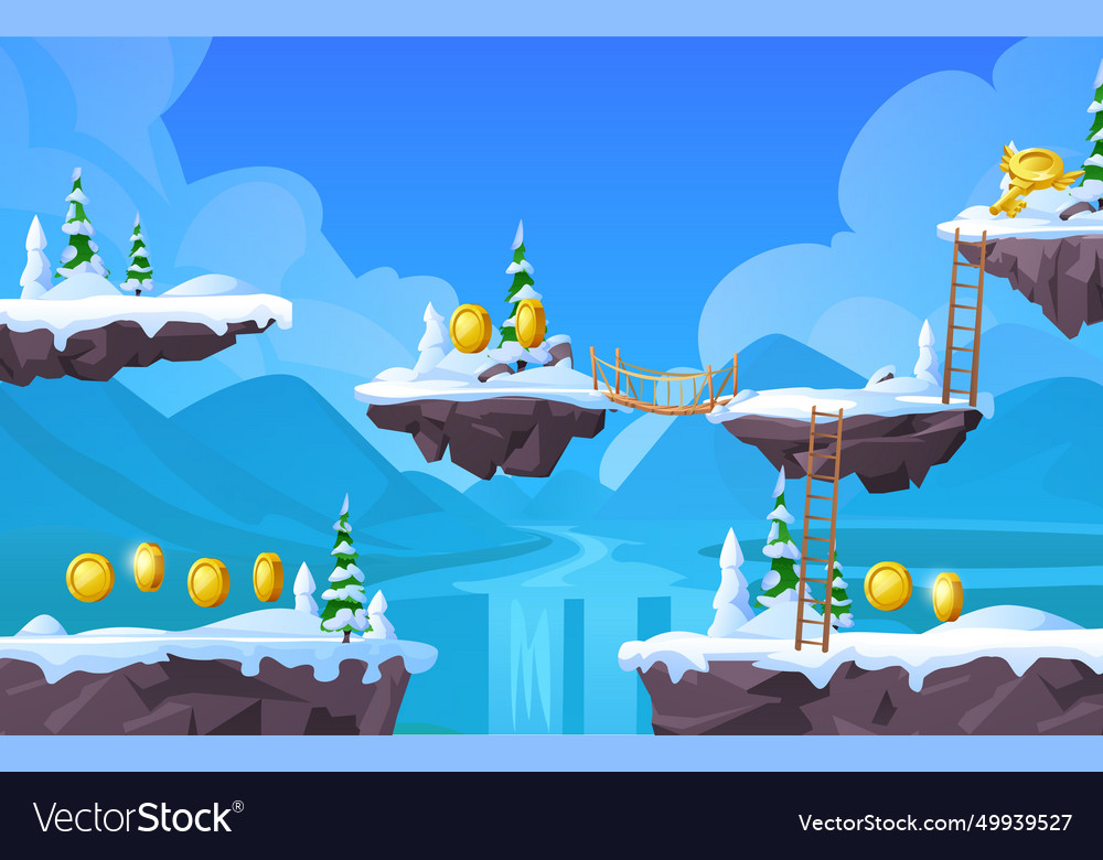 Arcade game scenery design with floating snowy