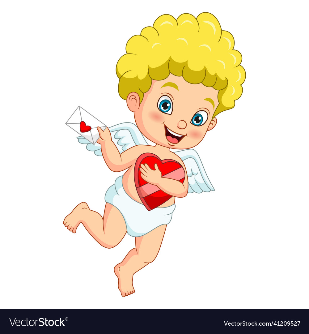 Cute little cupid holding envelope and red heart Vector Image