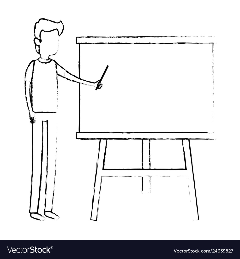 Man teaching with paperboard character