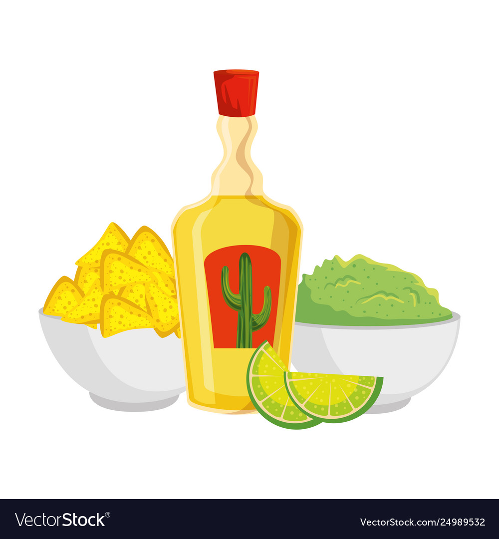 Tequila bottle with nachos and guacamole